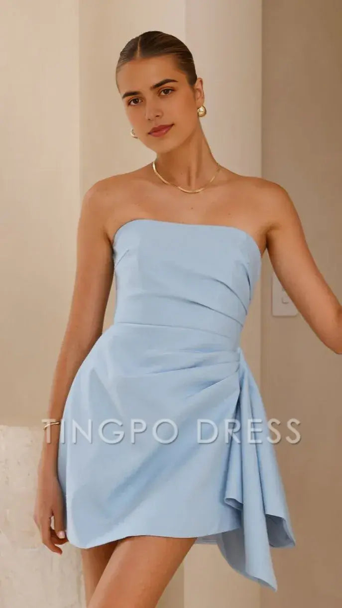 TingPo Wholesale Elegant Sky - Blue Strapless Asymmetric Mini Dress: Effortless Elegance